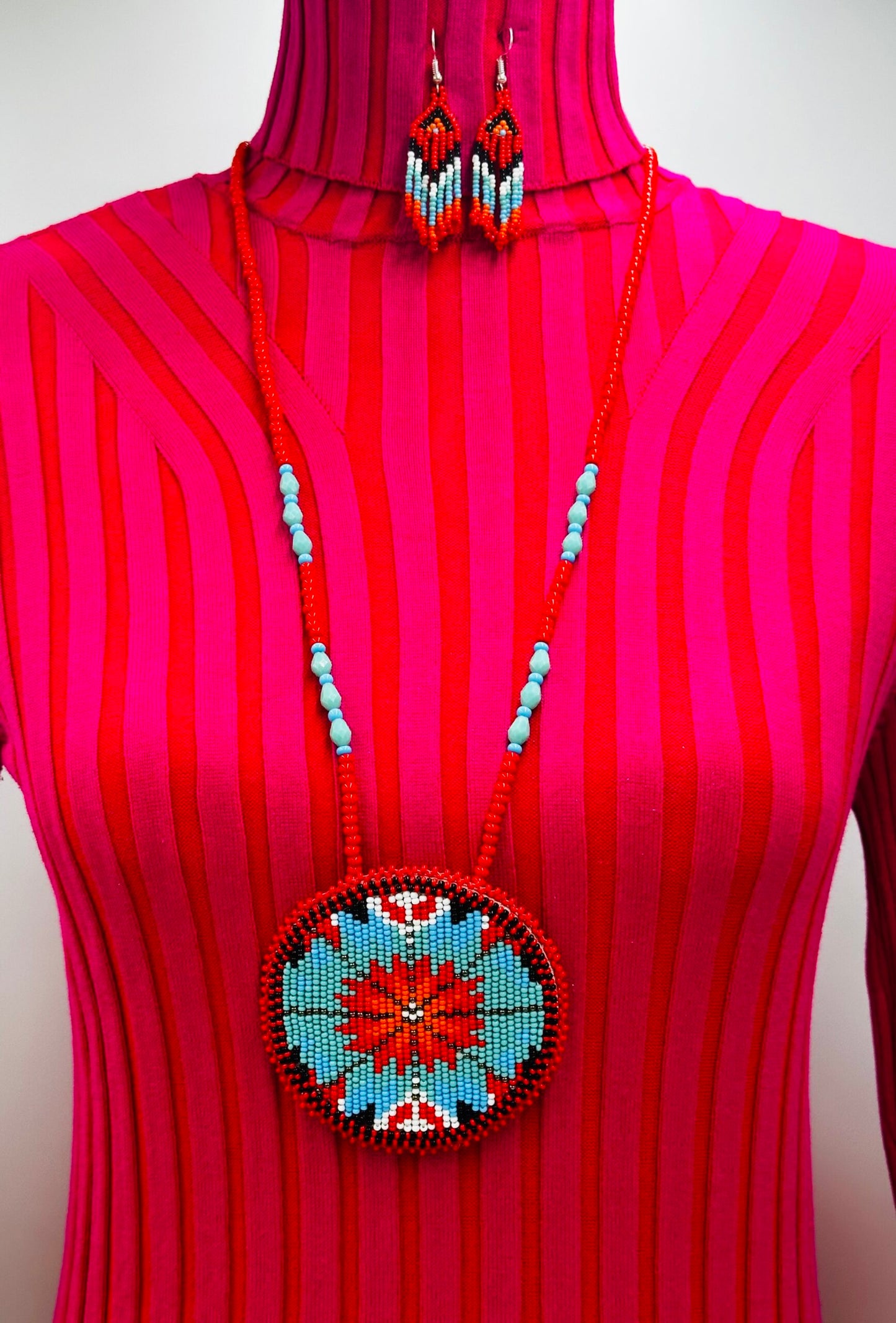Handmade beaded Red Flower necklace earrings set