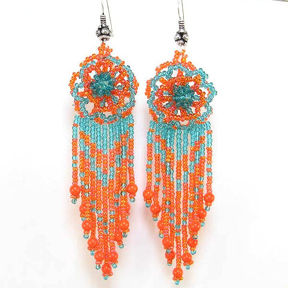 Handmade Orange &amp; Teal Floral Beaded Earrings