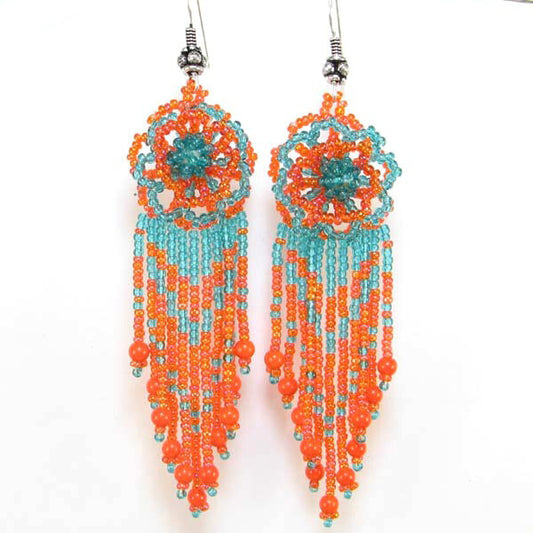 Handmade Orange &amp; Teal Floral Beaded Earrings