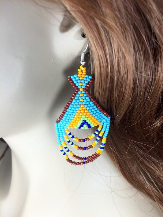 Handmade Turquoise Blue, Brown Tepee Style Earrings 3 Inches Long