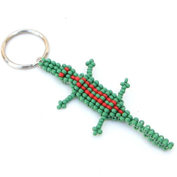 Crocodile Beadwork Green Red Seed Beaded Key Ring Charm Handmade