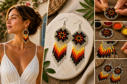 Handmade Beaded Silver Fire Color Round Fringe Hook Earrings