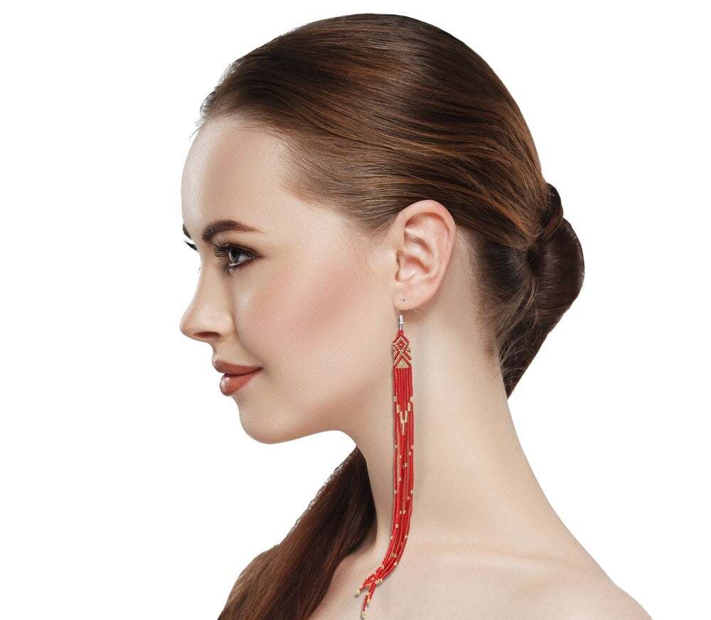 Red Gold Glass Handmade Seed Beaded Extra Long Earrings 8 Inches