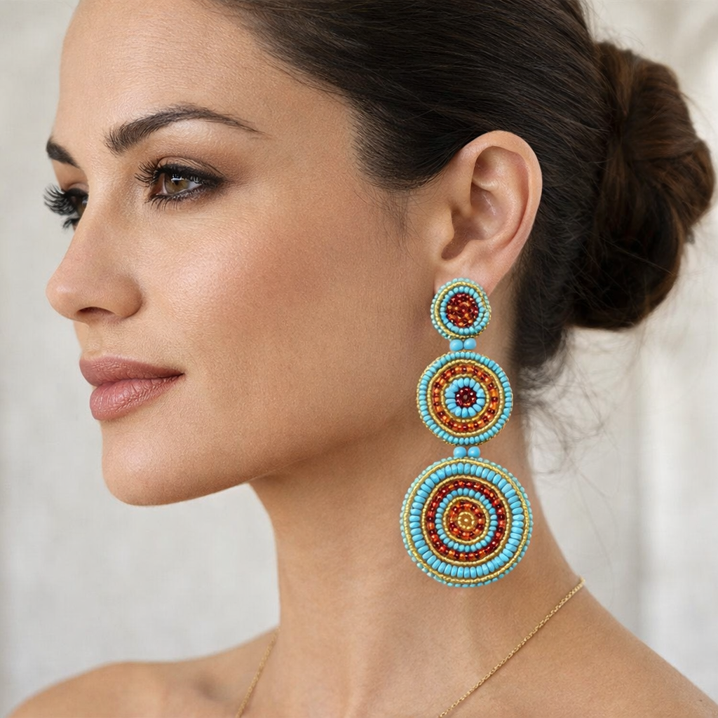 Handmade Beaded Blue Red Color Round Long Post Earrings