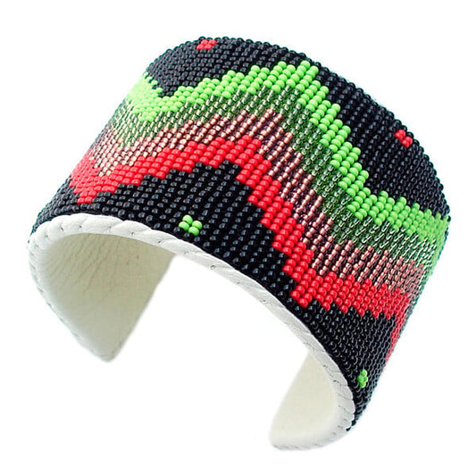 Black Red Green Handmade Adjustable Leather Hard Cuff Bracelet - Beaded Design