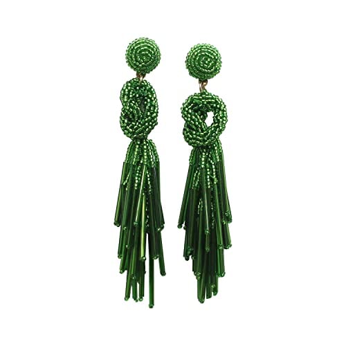 Handmade Beaded Solid Color Post Statement Earrings for Women Girl All Season 4 inch Long (Green)