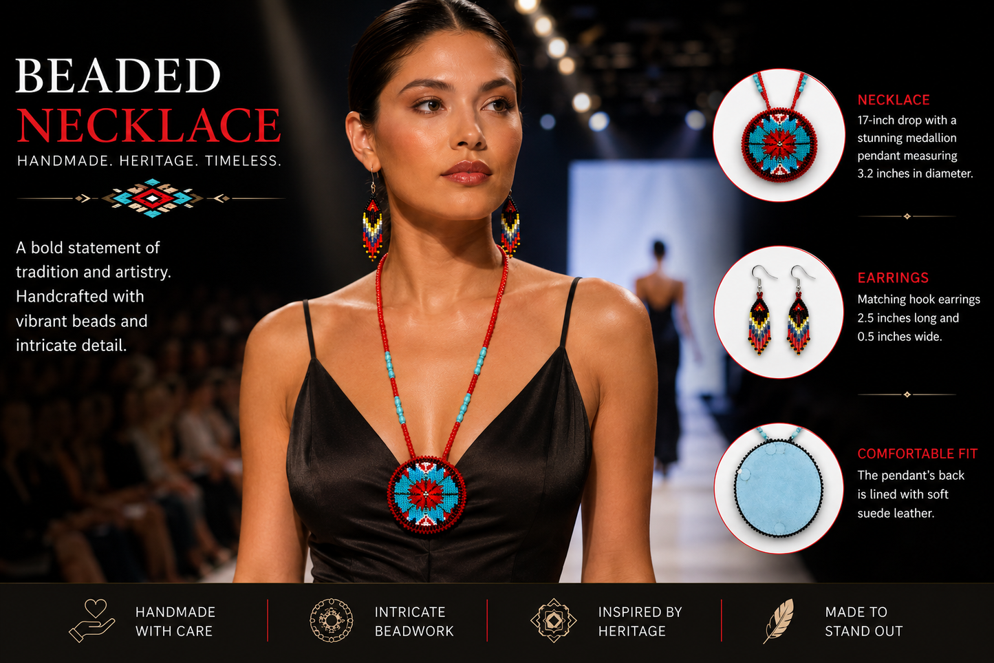 Handmade beaded Red Flower necklace earrings set