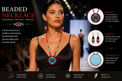 Handmade beaded Red Flower necklace earrings set
