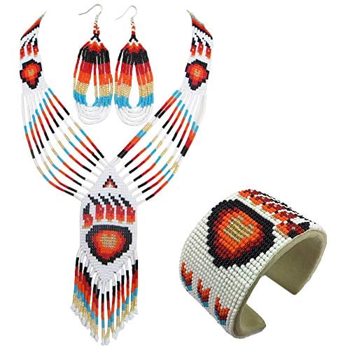 White and Red Bear Paw Beaded Jewelry Set