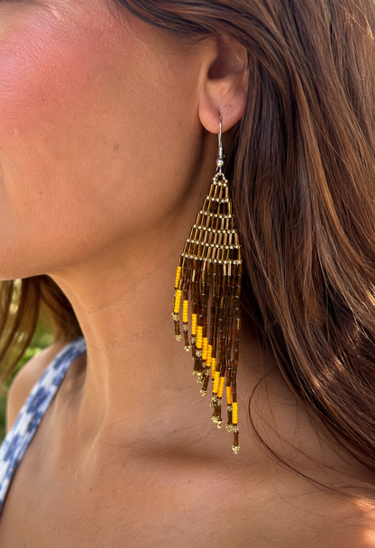 Handmade Brown & Yellow Czech Seed Bead Fringe Earrings | Long Boho Statement Earrings | BeadsCorner