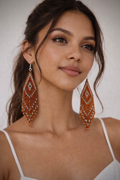 Handmade Brown Seed Bead Fringe Earrings with Turquoise & Coral Accents