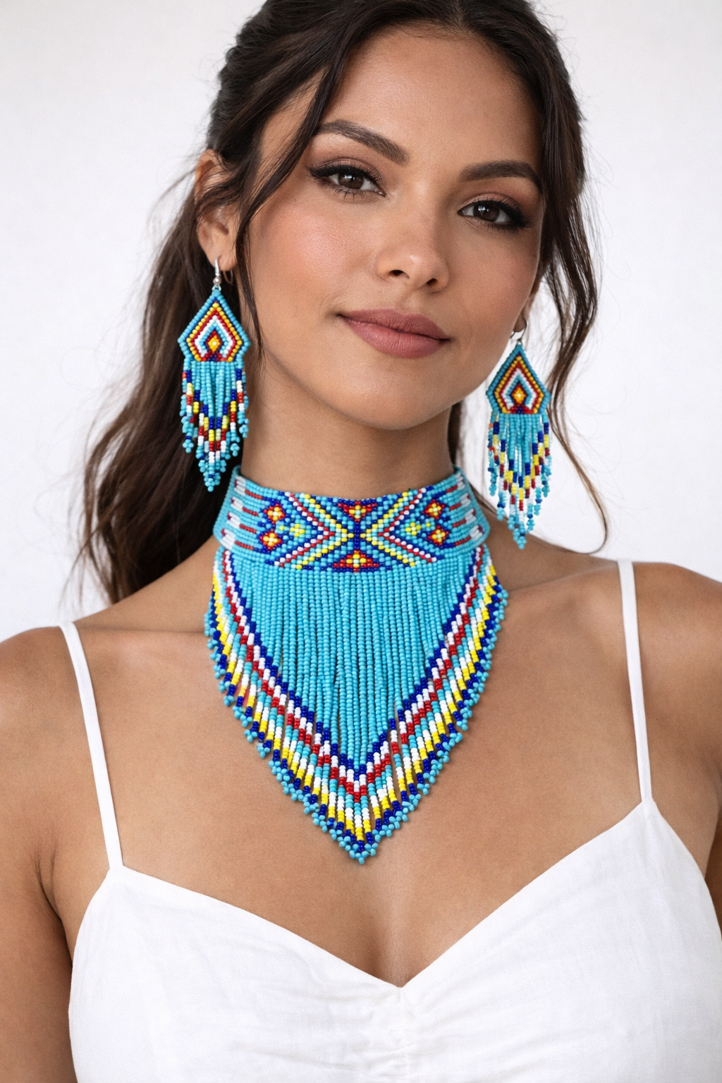 Turquoise Blue Beaded Choker Necklace Earrings Set