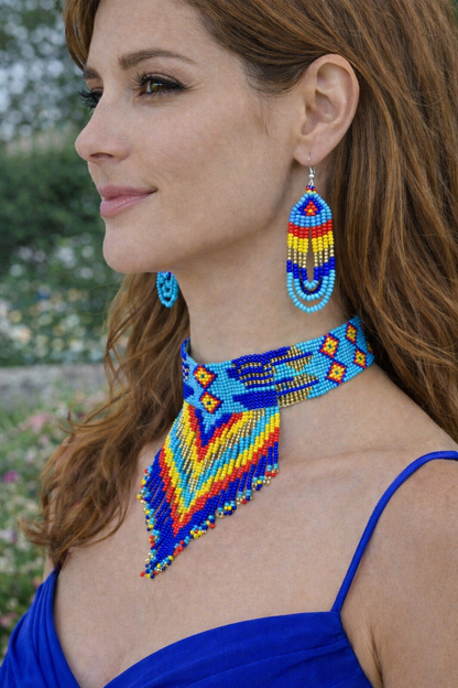 Cyan Blue Multi-Color Beaded Choker Necklace Earrings Set