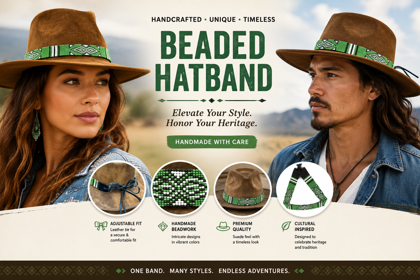 Handmade Beaded Native Style Green White Cowboy Hatband