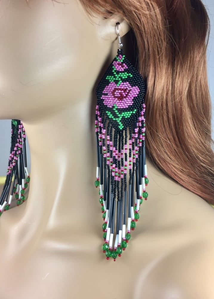Handmade Glass Beaded Black Pink Rose Design Extra Long Earrings