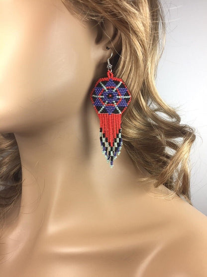 Handmade Beaded Red Blue Seed Bead Big Earrings