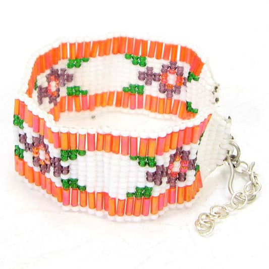 Handmade Beaded Orange Seed Beads Flower 1 Inch Soft Cuff Bracelet