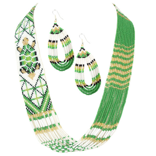 Handmade Beaded Green Gold Turtle Layered Necklace Earrings Set - Native Inspired Jewelry