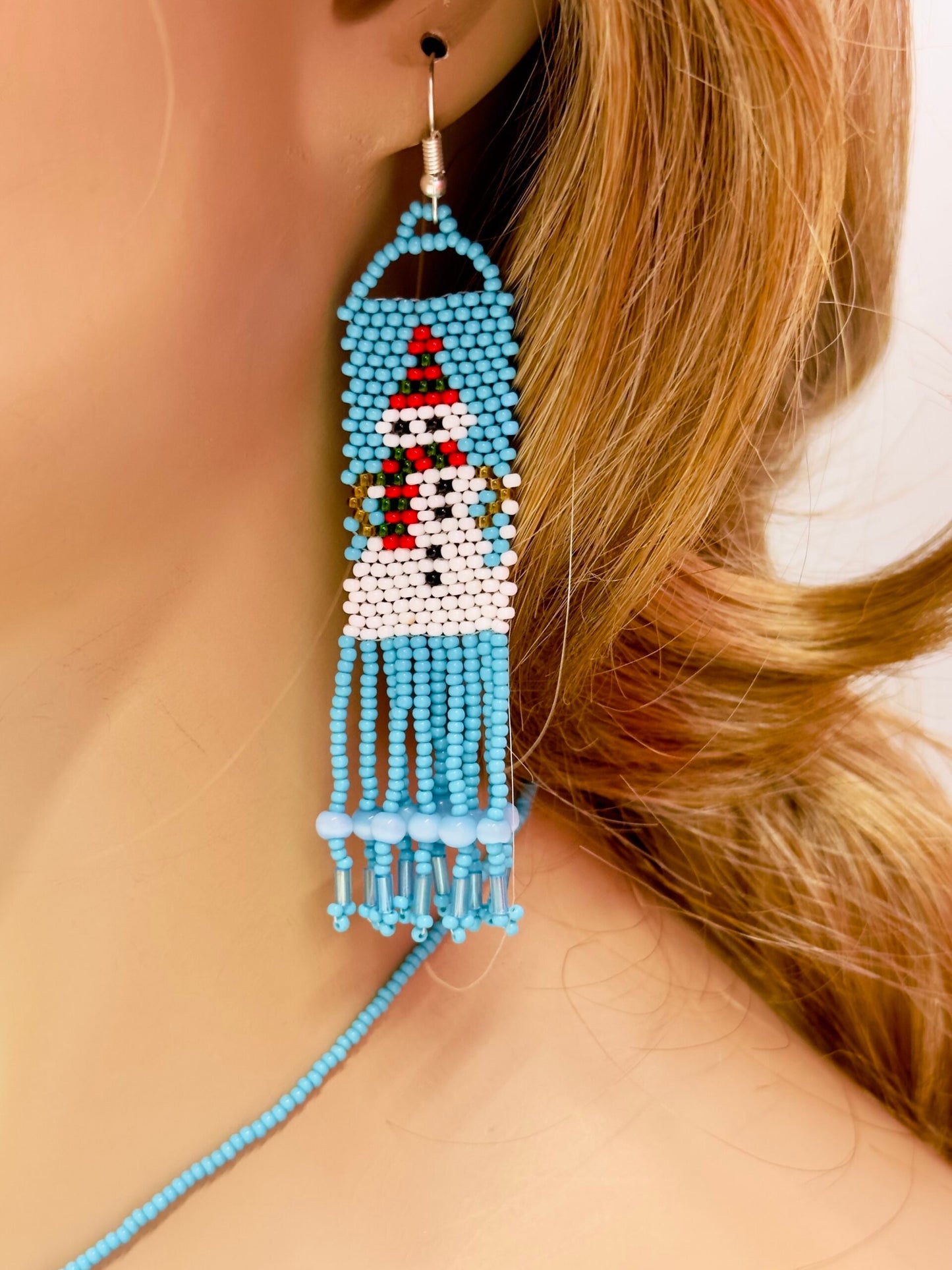 Handmade Beaded Christmas Snowman Long Necklace Earrings Set