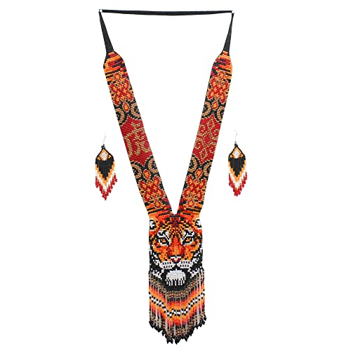 Native Tribal Style Long Statement Beaded Necklace for Women Y Shape - Orange Black Lion