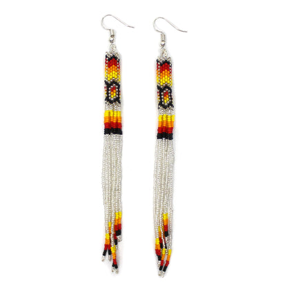 Handmade Beaded Earrings 5 Inch Long - Silver