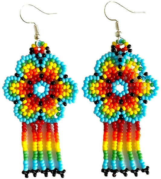NATIVE STYLE HANDMADE ETHNIC FLOWER TURQUOISE BEADED CHANDELIER EARRINGS E61/8