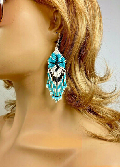 Native Style Ethnic Blue White Seed Beaded Handmade Chandelier Earrings E11/1