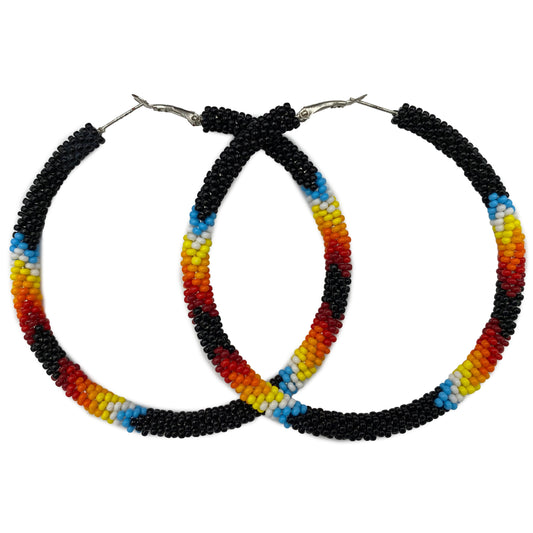Handmade Native Style 3 Inch Hoop Earrings with Czech Seed Beads - Black Fire