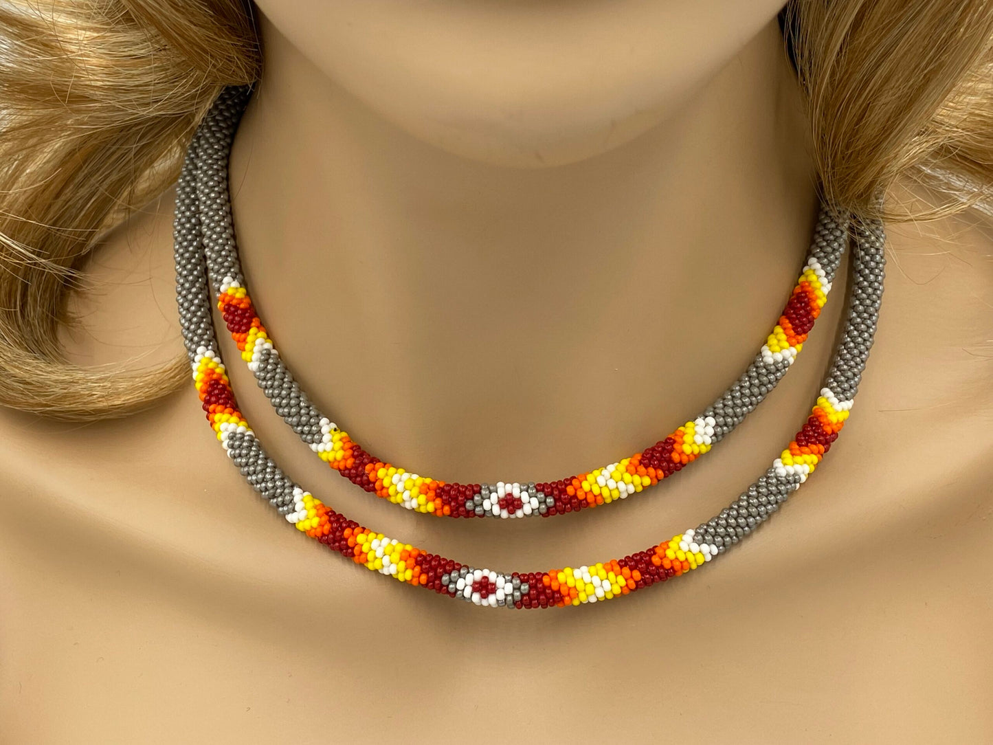 Native Style Beaded Double Strand Rope Necklace for Women Handmade (Gray)