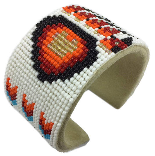 Handmade Beaded White Red Bear Paw Leather Cuff Bracelet - Adjustable Bracelet