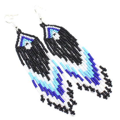 Handmade beaded Black Cyan Blue drop/dangle Hook Earrings.