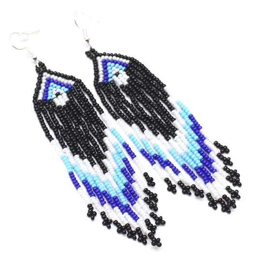 Handmade beaded Black Cyan Blue drop/dangle Hook Earrings.