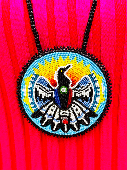 Handmade beaded Black Cyan Blue Eagle necklace earrings set