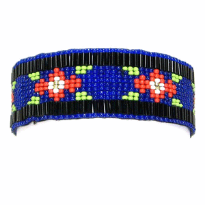 Handmade Beaded Blue Seed Beads Flower 1 Inch Soft Cuff Bracelet
