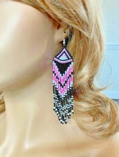 Handmade Beaded Black Pink Long Earrings