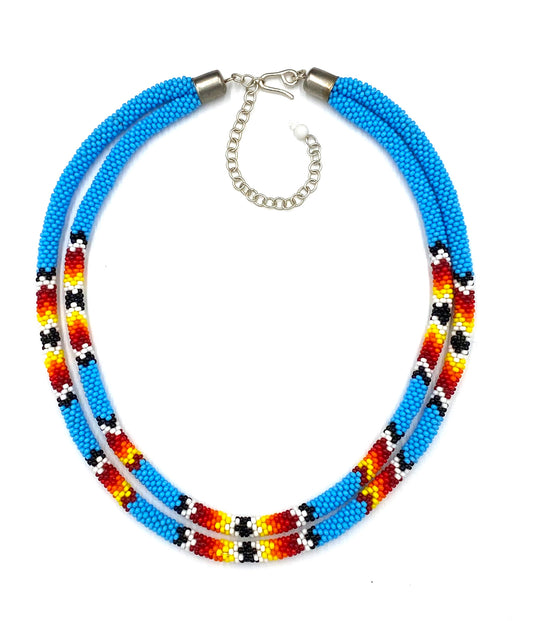Native American Style Beaded Double Strand Rope Necklace - Cyan Blue Fire