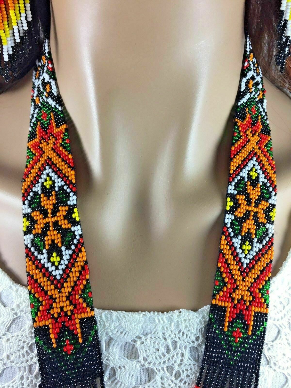 Handcrafted Ethnic Native Style Multi-Color Geometric Pattern Beaded Necklace Earrings Set