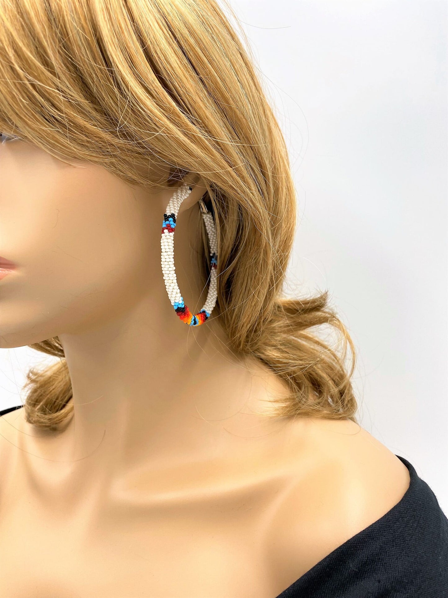 Handmade Native Style 3 Inch Hoop Earrings with Czech Seed Beads - White