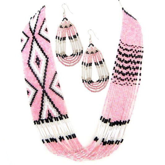 Handmade Beaded Pink Geometric Layered Necklace Earrings Set