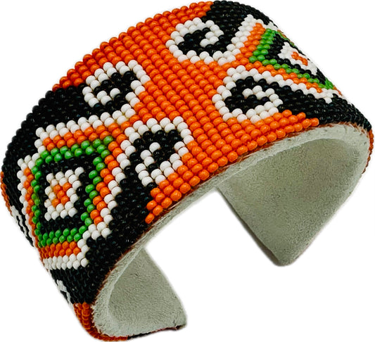 Handmade Beaded Orange Leather Cuff Bracelet