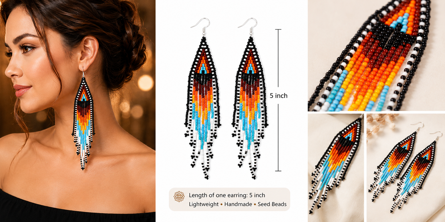 Handmade Czech Seed Bead Fringe Earrings – 5 Inch Native-Inspired Dangle Earrings – Black, Orange, Turquoise & White | BeadsCorner