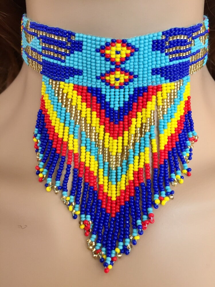 Vibrant Blue Multi-Color Beaded Choker Necklace Earrings Set