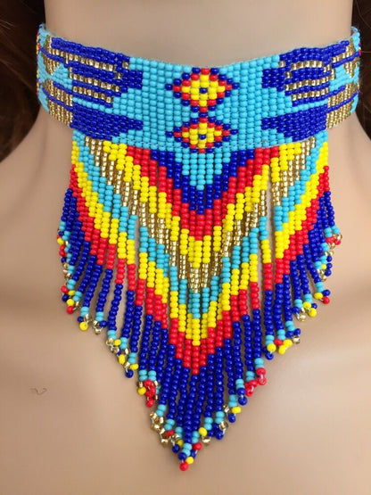 Vibrant Blue Multi-Color Beaded Choker Necklace Earrings Set