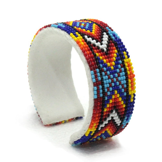 Handmade Beaded Diamond Geometric Pattern Multi-Color Leather Bracelet - Southwest Style