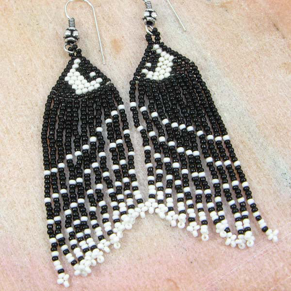 Elegant Black and White Beaded Fringe Earrings