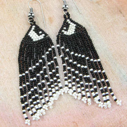 Elegant Black and White Beaded Fringe Earrings