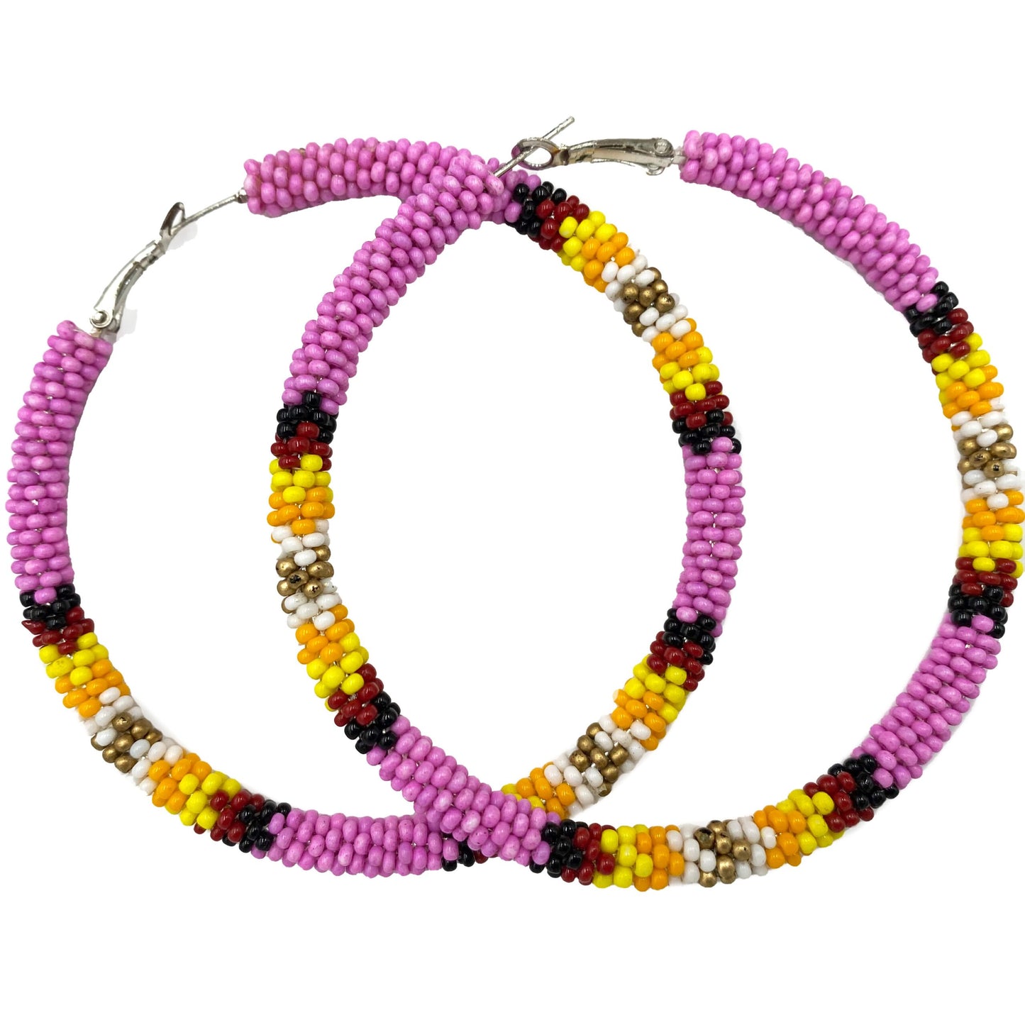 Handmade Native Style 3 Inch Hoop Earrings with Czech Seed Beads - Pink