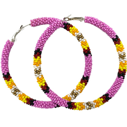 Handmade Native Style 3 Inch Hoop Earrings with Czech Seed Beads - Pink