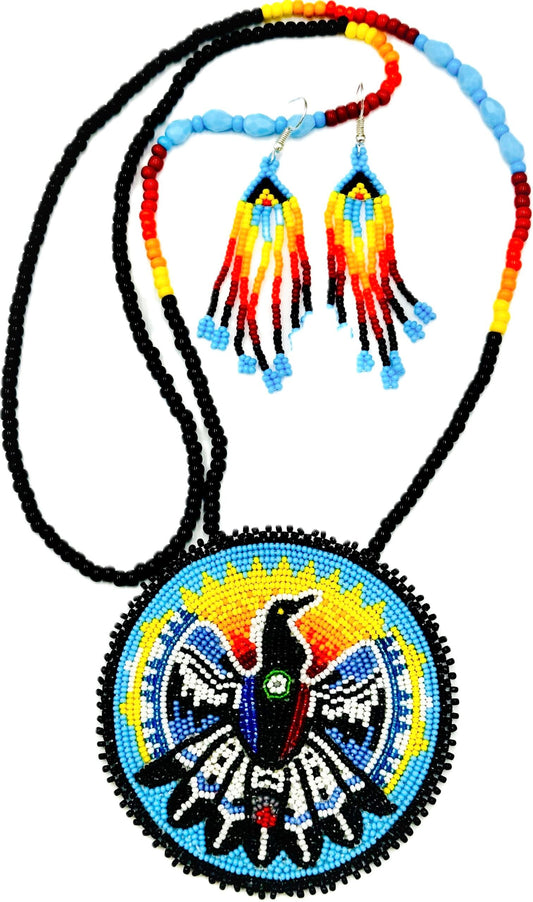 Handmade beaded Black Cyan Blue Eagle necklace earrings set