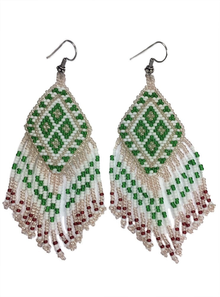 Handmade Green White Seed Beaded Geometric Pattern Fashion Earrings